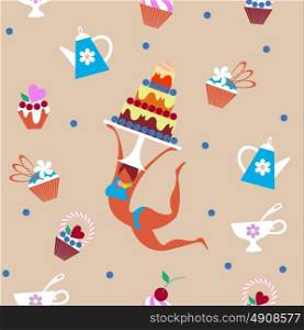Seamless pattern. Girl and confectionery. Vector illustration.