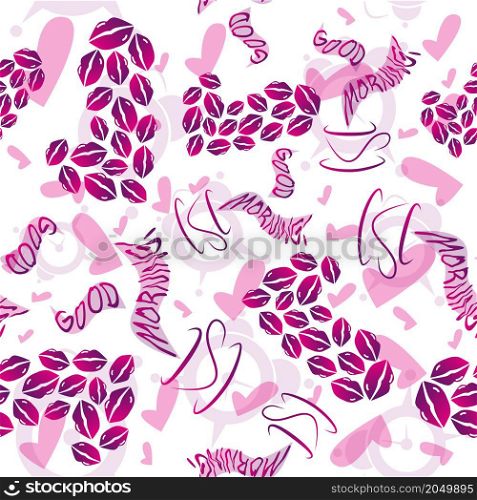Seamless pattern. Good morning wake up cup of coffee with pink hearts and kisses. Vector illustration.
