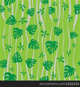 Seamless pattern. Green monstera palm leaves and lizard frog footprints on green backround. Vector graphic illustration.