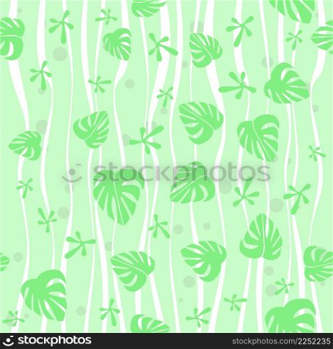Seamless pattern. Green monstera palm leaves and lizard frog footprints on green backround. Vector graphic illustration.