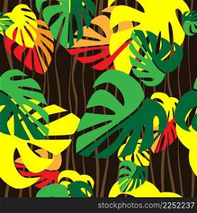 Seamless pattern. Green, red and yellow tropical monstera leaves on dark backround. Vector graphic illustration.