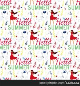 Seamless Pattern. Greeting Text and Female Silhouette in Red Dress. Cartoon Attractive Woman Holds Hat on Head. Flat Hello Summer Letters. Vector Foliage, Butterflies and Flowers Endless Illustration. Seamless Pattern with Text and Female Silhouette
