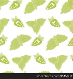 Seamless pattern half a strawberry with mint leaves in trendy monochrome shades green. Flat lay. Isolate. Hello summer. Happy mint day. Design for wrapping, poster or greeting card, price, banner. EPS
