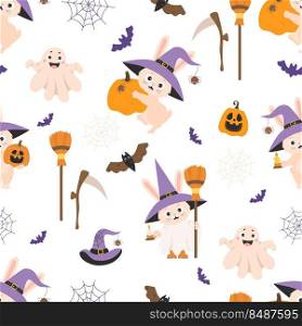 Seamless pattern Halloween. Cute bunny in witchs hat with broom and with Jack Pumpkin, ghost and bats on white background with cobwebs. Vector illustration. Cute halloween background, kids collection
