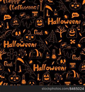 Seamless pattern Halloween. Jack pumpkin, ghost, grave, skull, bones and bats, scythe and broom, cobweb, potion and voodoo doll on black background. Vector illustration