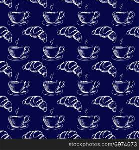seamless pattern hand drawn cup of coffee and croissant. white on  blue background, stock vector illustration. seamless pattern hand drawn cup of coffee and croissant.