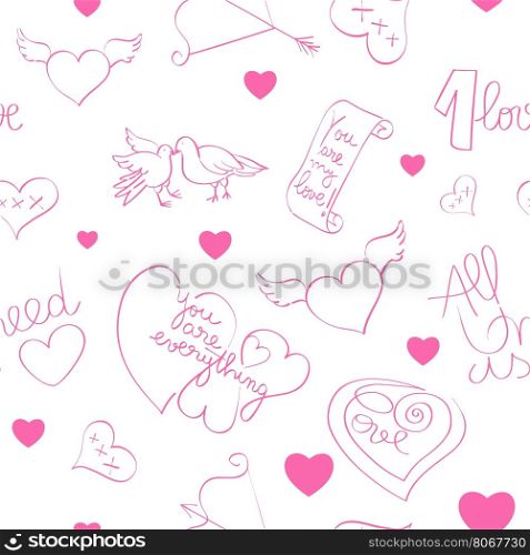 Seamless pattern, hand drawn illustration of Valentine's Day original doodles over white