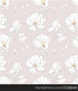 Seamless pattern, hand drawn white magnolia flowers with white leaves on grey background. Seamless pattern, hand drawn white magnolia blossom.