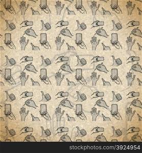 seamless pattern hand gestures with smartphone in vintage style
