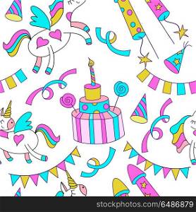 Seamless pattern. Happy birthday.. Seamless pattern. Magical birthday. Set of vector elements. A big beautiful cake with a candle and candy, magic wand, balloons, garlands, magical unicorns.