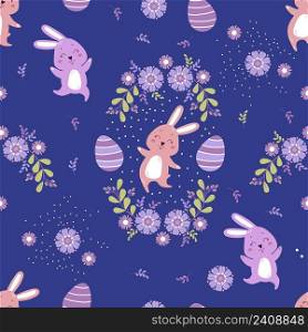 Seamless pattern. Happy cute easter bunnies with easter eggs and flowers on blue background. Vector illustration. For Easter decoration and design, decor, print, packaging and wallpaper