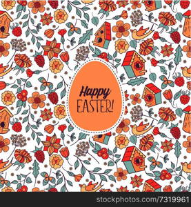 Seamless pattern.  happy Easter. Spring flowers, herbs, birdhouses, birds. Cute spring pattern for printing onto fabric, paper for decoration congratulation with Easter.