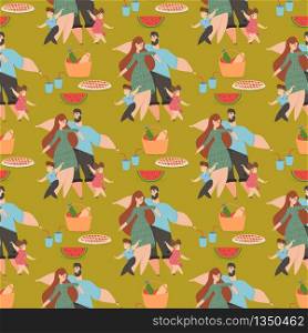 Seamless Pattern Happy Family on Picnic. Parents and Children with Food Basket on Green Grass Background. Cute Wallpaper Design, Summer Time Weekend Textile Ornament. Cartoon Flat Vector Illustration. Seamless Pattern Happy Family Picnic Parents Kids