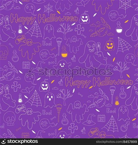Seamless pattern Happy Halloween. Linear drawn doodles pumpkin Jack, ghost, grave, skull with crossbones and full moon with bats, scythe and broom, cobweb on purple background. Vector illustration