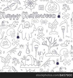 Seamless pattern Happy Halloween. Linear hand drawn doodles pumpkin Jack, ghost, grave, skull with crossbones and full moon with bats, scythe and broom on white background. Vector illustration