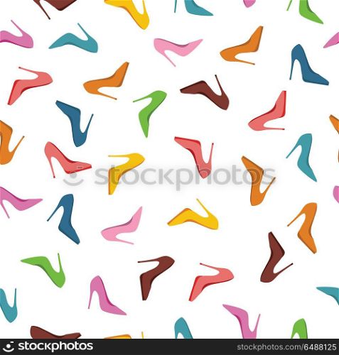 Seamless Pattern High Heels Shoes. Fashion. Seamless pattern high heels shoes. Fashion accessories illustration Abstract background with shoes of different colors. For shops, advertisements, banners, posters. New collection. Sale. Vector