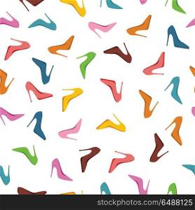 Seamless Pattern High Heels Shoes. Fashion. Seamless pattern high heels shoes. Fashion accessories illustration Abstract background with shoes of different colors. For shops, advertisements, banners, posters. New collection. Sale. Vector
