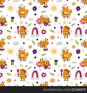 Seamless pattern honey bees. Cute little bee with wooden honey spoon, basket with flowers and kids funny rainbows, summer print on white background. Vector decor textile, wrapping or digital paper. Seamless pattern honey bees. Cute little bee with wooden honey spoon, basket with flowers and kids funny rainbows, summer print. Vector decor textile, wrapping or digital paper