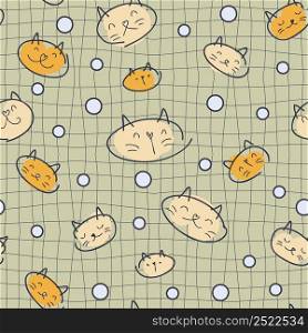 Seamless pattern in 1970s style with cats and drops on grid distorted background. Groovy print for fabric, paper, T-shirt. Doodle vector illustration for decor and design.