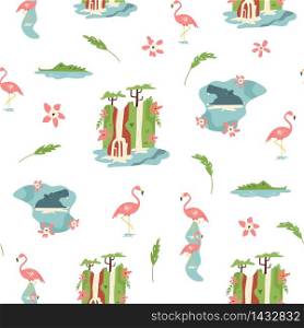 Seamless pattern in a flat style with African animals hippos, crocodiles, pink flamingos. Wallpaper with wildlife motives. Seamless pattern in a flat style with african animlas