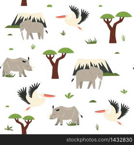 Seamless pattern in a flat style with African animals rhino. elephant. pelican. Wallpaper with wildlife motives. Seamless pattern in a flat style with african animlas
