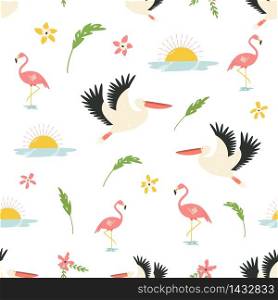 Seamless pattern in a flat style with african birds pink flamingos, pelicans. Wallpaper with wildlife motives. Seamless pattern in a flat style with african animlas