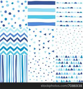 Seamless pattern in doodle style. Hand drawn baby boy blue color pattern set