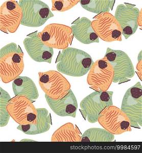 Seamless pattern in doodle style with hand drawn random orange and green butterfly fishes. Isolated print. Decorative backdrop for fabric design, textile print, wrapping, cover. Vector illustration.. Seamless pattern in doodle style with hand drawn random orange and green butterfly fishes. Isolated print.