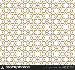 Seamless pattern in golden and white in average thickness lines.The six-pointed stars and hexagons.. Seamless simple geometric pattern with six-pointed stars and hexagons.