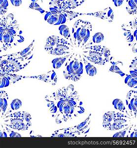 Seamless pattern in Gzhel style with flowers and fabulous birds. Vector illustration