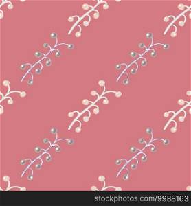 Seamless pattern in minimalistic style with doodle berry branches shapes. Pink background. Flora artwork. Designed for fabric design, textile print, wrapping, cover. Vector illustration. Seamless pattern in minimalistic style with doodle berry branches shapes. Pink background. Flora artwork.