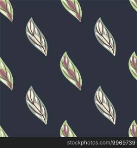 Seamless pattern in minimalistic style with pastel tones leaf silhouettes. Navy blue background. Bloom sketch. Designed for fabric design, textile print, wrapping, cover. Vector illustration. Seamless pattern in minimalistic style with pastel tones leaf silhouettes. Navy blue background. Bloom sketch.