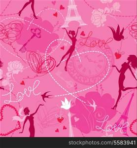 Seamless pattern in pink colors - Silhouettes of fashionable girls, hearts and birds. Love dreams in Paris.