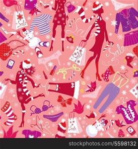 Seamless pattern in pink colors - Silhouettes of fashionable girls with colorful glamor clothes and accessories in Christmas Sale time