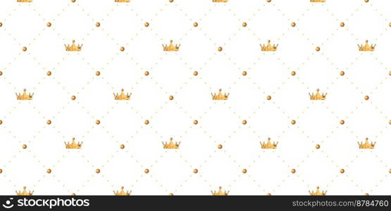 Seamless pattern in retro style with a gold crown and polka dots on white background. Cute wallpaper for little princesses. Vector illustration