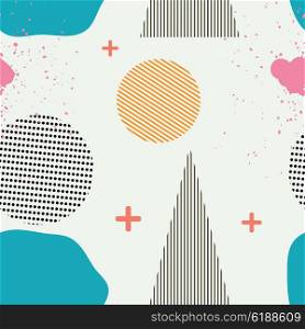 Seamless pattern in the Memphis style. Memphis Seamless texture with triangles, circles and &#xA;pluses. Memphis style. Vector Stock Illustration