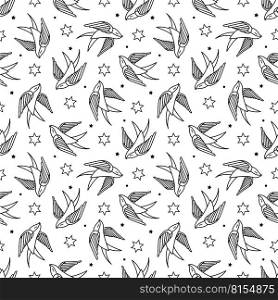 Seamless pattern in the style of old school tattoo. Vector illustration. pattern with swallows in old-school tattoo style