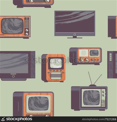 Seamless pattern in vintage retro style. Collection of old vintage and modern TVs.. Seamless pattern. Old and modern TVs. Vector illustration in retro style.