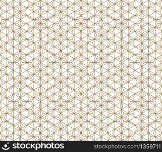 Seamless pattern japanese shoji kumiko.For template,fabric,textile,wrapping paper,laser cutting and engraving. Japanese pattern background vector.Compound ornament.Average and thick lines.Hexagon grid. Seamless japanese pattern shoji kumiko in golden.