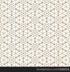 Seamless pattern japanese shoji kumiko.For template,fabric,textile,wrapping paper,laser cutting and engraving. Japanese pattern background vector.Compound ornament.Average thickness lines.Hexagon grid. Seamless japanese pattern shoji kumiko in golden.