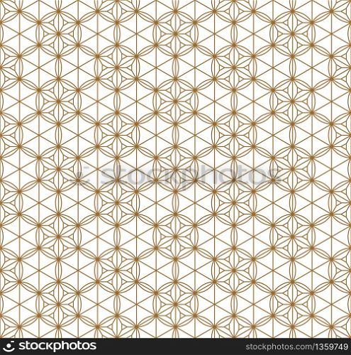 Seamless pattern japanese shoji kumiko.For template,fabric,textile,wrapping paper,laser cutting and engraving. Japanese pattern background vector.Compound ornament.Average thickness lines.Hexagon grid. Seamless japanese pattern shoji kumiko in golden.