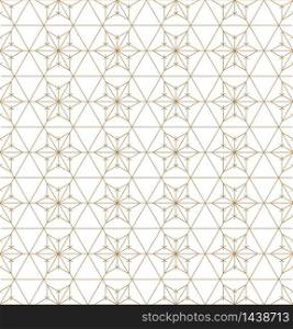 Seamless pattern japanese shoji kumiko.For template,fabric,textile,wrapping paper,laser cutting and engraving. Japanese pattern background vector.Fine lines.Hexagon grid.. Seamless japanese pattern shoji kumiko in golden.