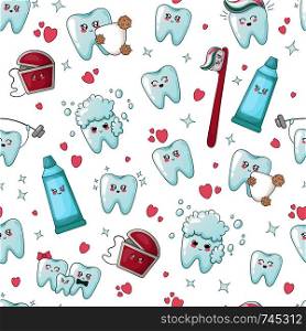 Seamless pattern - kawaii tooth, dental floss, toothpaste, toothbrush with different emodji, cartoon characters - treatment and oral hygiene, dental care concept. Vector flat illustration. kawaii dental care