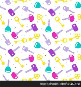 Seamless pattern keys. Cartoon flat colored keys background, decorative metal objects, modern and retro shapes bright colors, safety home. Decor textile wrapping paper wallpaper vector print or fabric. Seamless pattern keys. Cartoon flat colored keys background, decorative metal objects, modern and retro shapes bright colors, safety home. Decor textile wrapping paper wallpaper, vector print