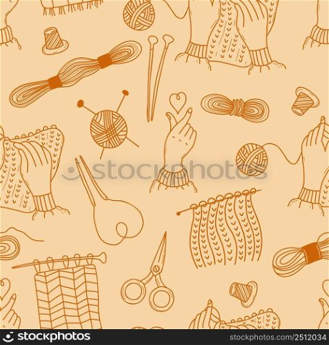Seamless pattern. Knitting, threads and scissors, heart hand gesture and knitting hands with knitting needles on light yellow background. Vector illustration. Linear hand drawings in doodle style