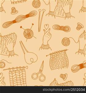 Seamless pattern. Knitting, threads and scissors, heart hand gesture and knitting hands with knitting needles on light yellow background. Vector illustration. Linear hand drawings in doodle style