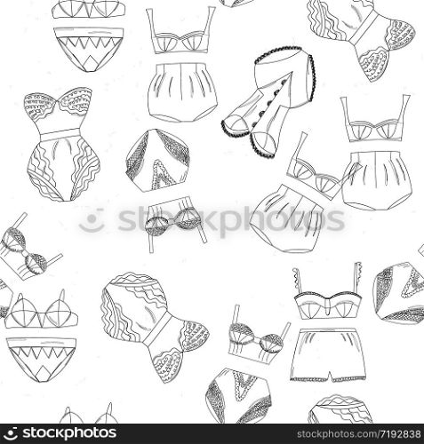 Seamless pattern lace lingerie collection. Lace underwear set , panties, bras, knickers isolated on white background. Vector illustration.. Seamless pattern lace lingerie collection.