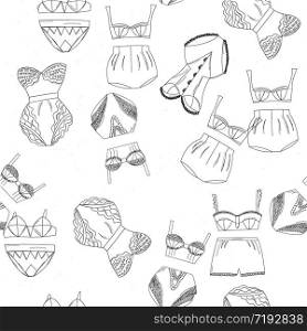Seamless pattern lace lingerie collection. Lace underwear set , panties, bras, knickers isolated on white background. Vector illustration.. Seamless pattern lace lingerie collection.