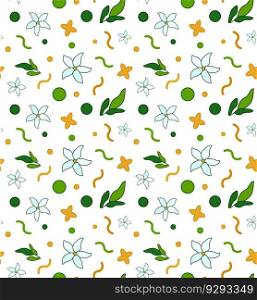 Seamless pattern leaves with flower jasmine and geometric shapes circles, dots, waves. Vector. Cute design for cover, books, templates, web, banner, fabric, textile, clothing, craft and gift papers.. Seamless pattern leaves with flower jasmine and geometric shapes circles, dots, waves. Vector.