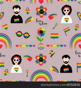 Seamless pattern LGBT. LGBT community, lesbian girl and gay man, pride flag, retro rainbow, love element, LGBT pride month symbol on gray background. Vector illustration for design groovy celebration 